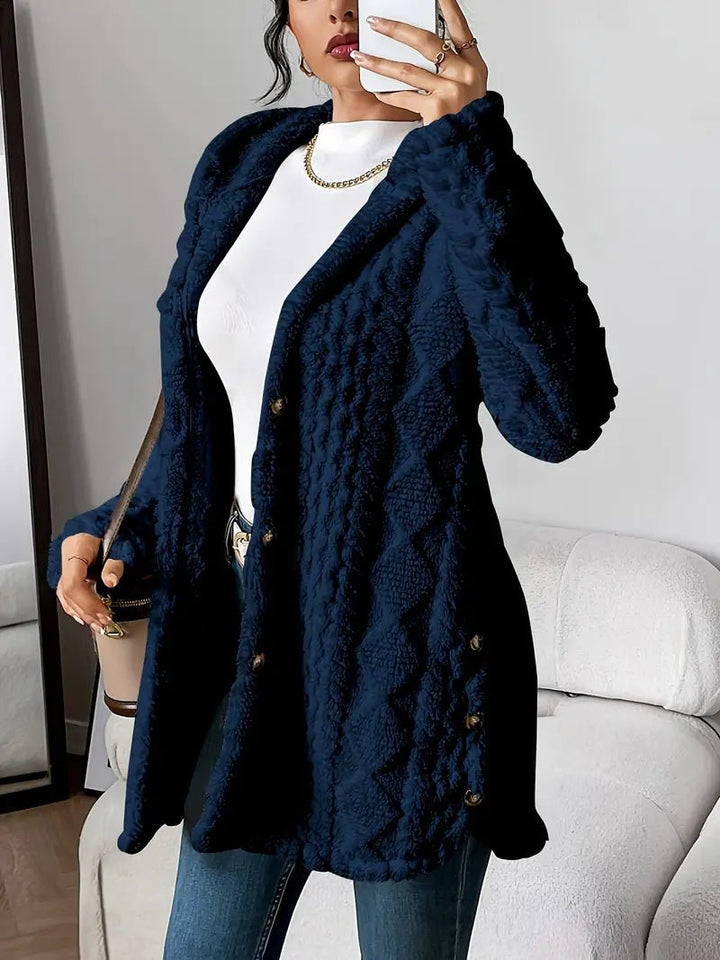 Women's Plush Hooded Button-Front Long Cardigan - Navy Blue