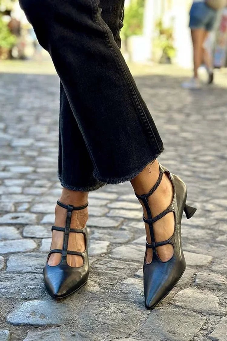 Women's Pointed Toe Pumps Strappy Low Block Heel - Black
