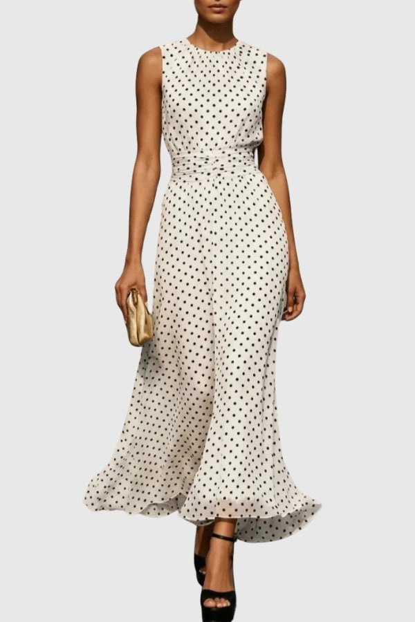 Women's Polka Dot Sleeveless Ruffle Hem Maxi Evening Gown - White