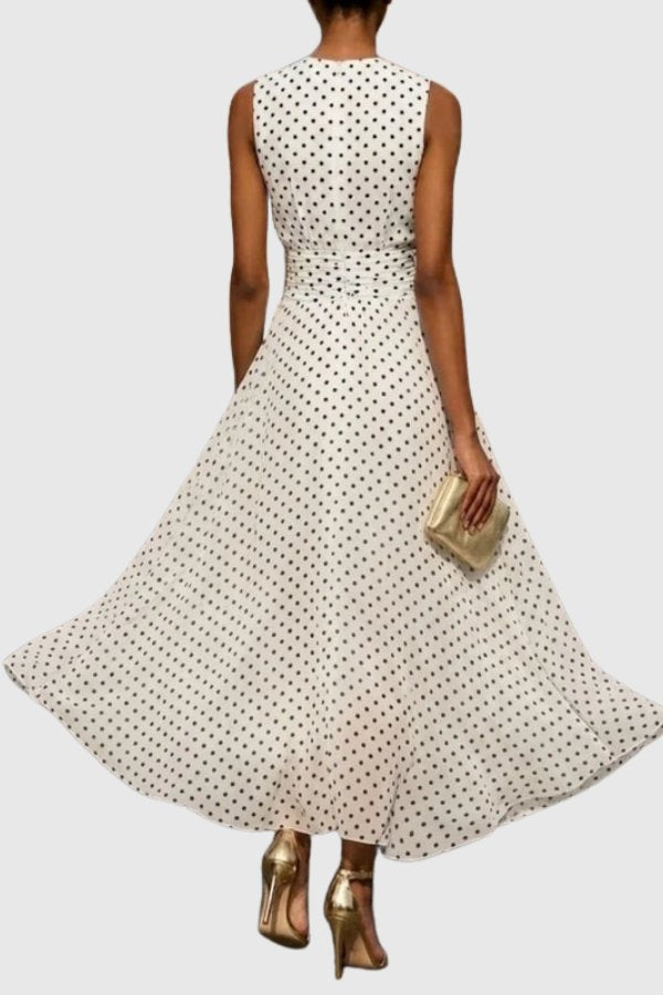 Women's Polka Dot Sleeveless Ruffle Hem Maxi Evening Gown