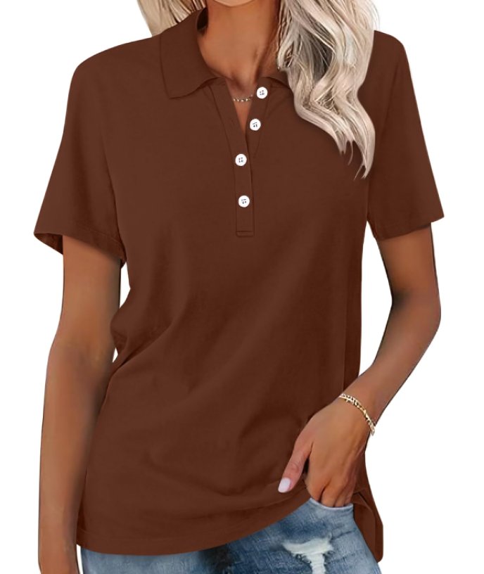 Women's Polo Shirt Short Sleeve Cotton Blend Classic Fit - Brown