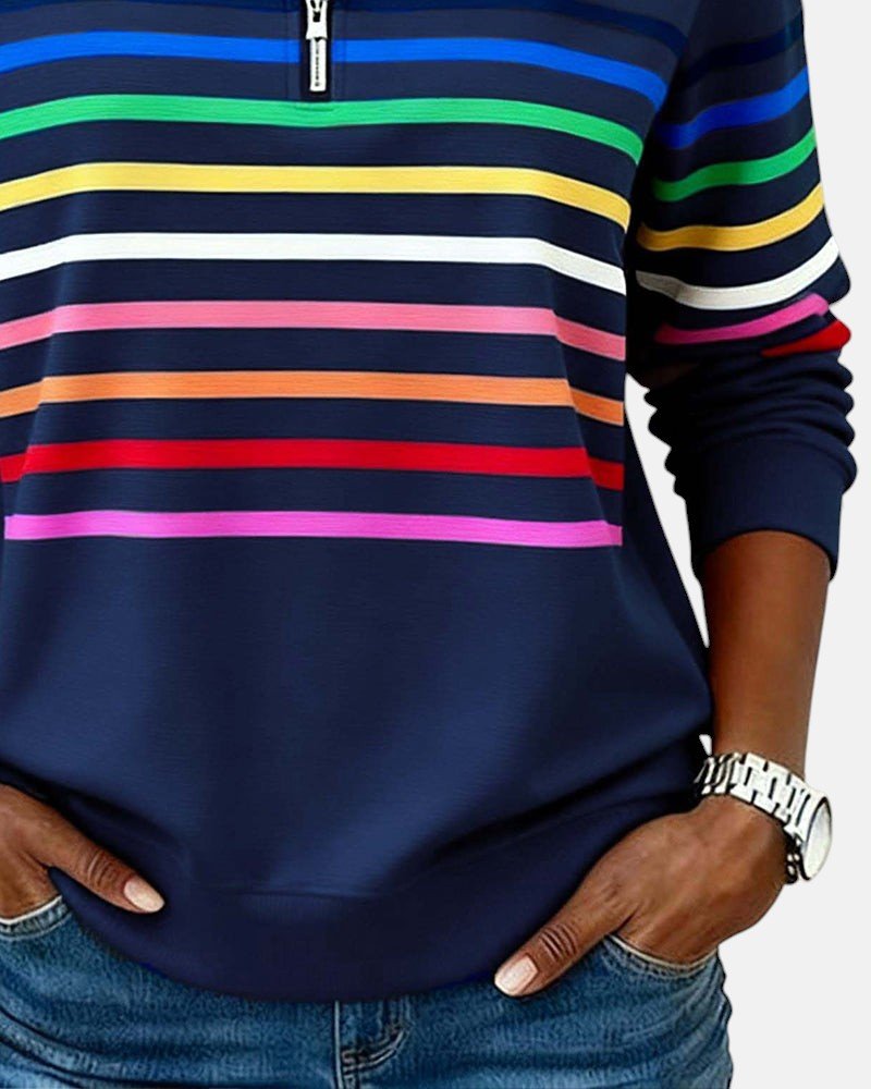 Women's Quarter Zip Sweatshirt Striped Long Sleeve Pullover