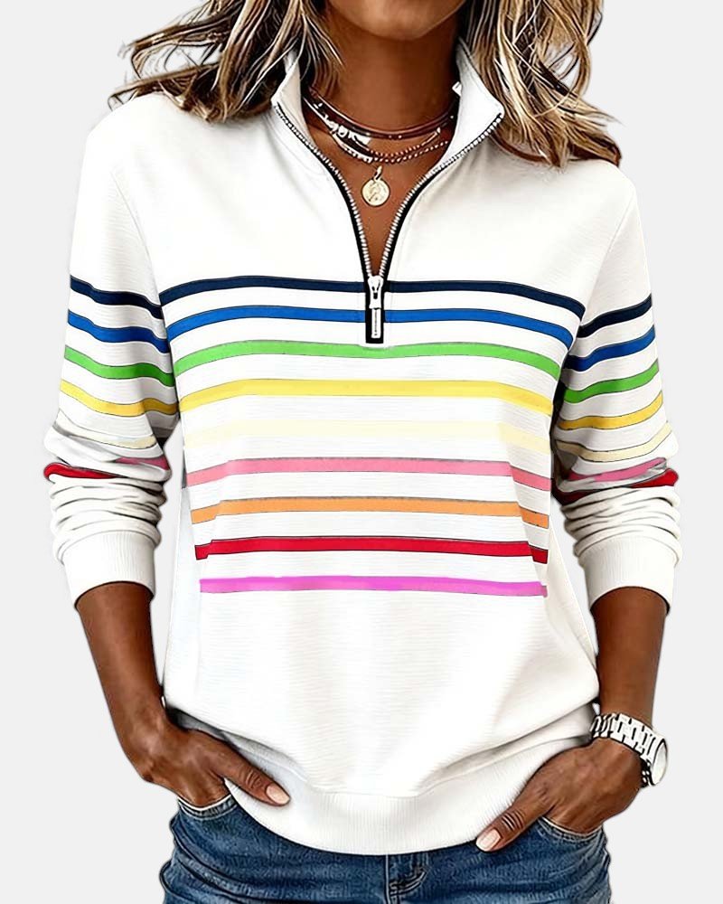Women's Quarter Zip Sweatshirt Striped Long Sleeve Pullover - White