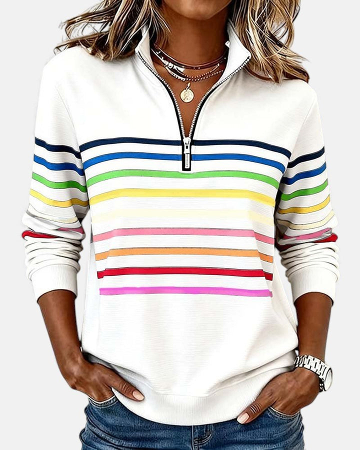 Women's Quarter Zip Sweatshirt Striped Long Sleeve Pullover - White