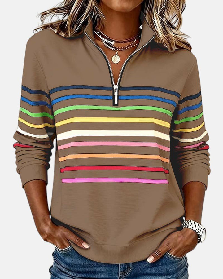 Women's Quarter Zip Sweatshirt Striped Long Sleeve Pullover - Khaki