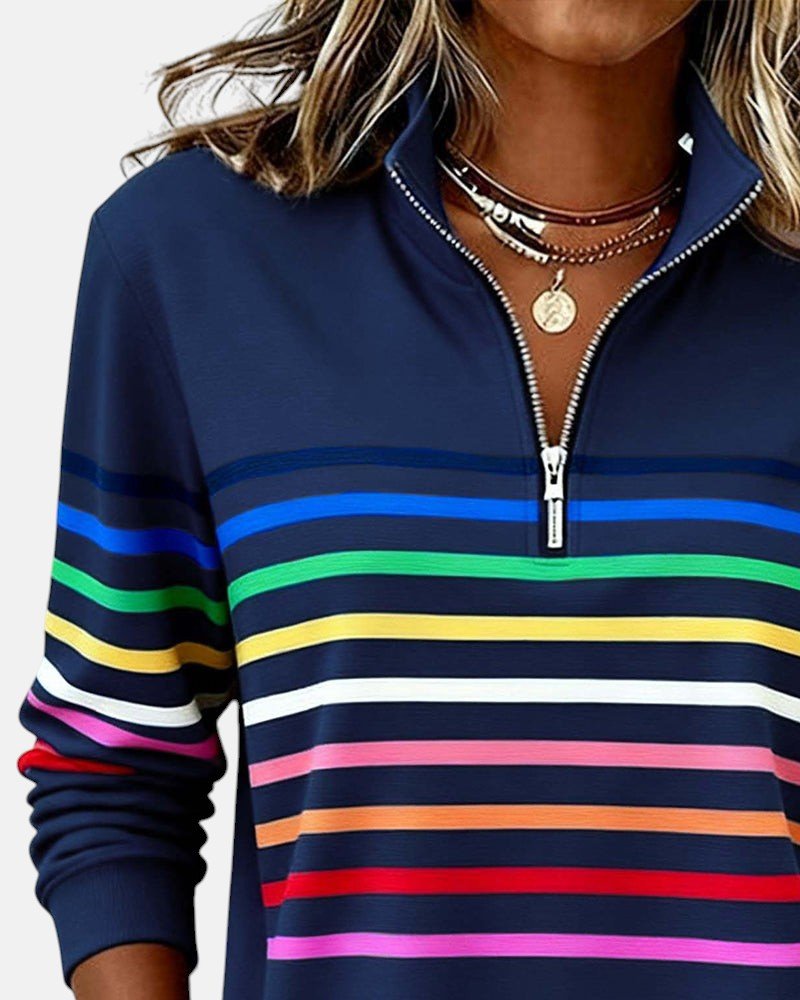 Women's Quarter Zip Sweatshirt Striped Long Sleeve Pullover