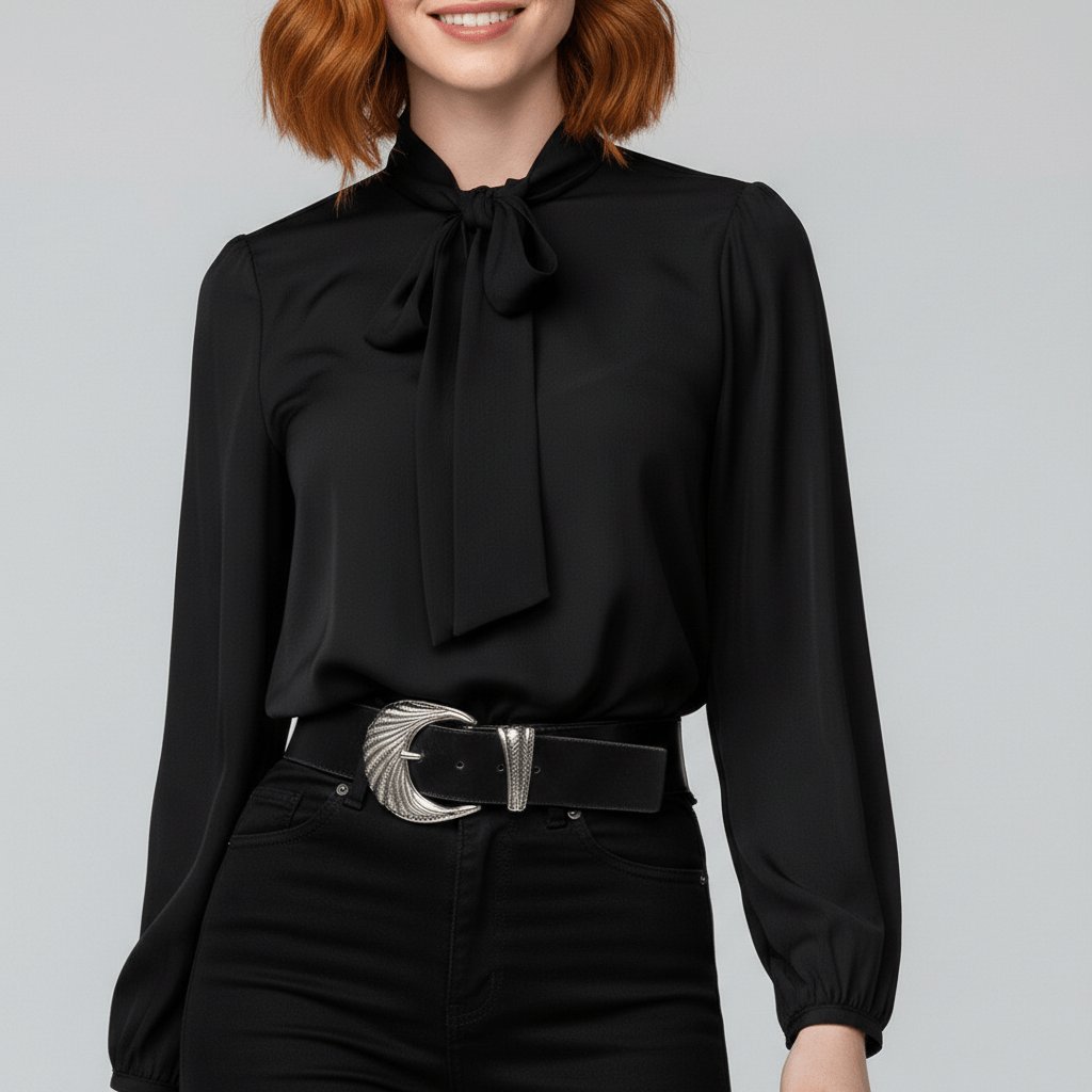 Women's Relaxed-Fit Bow-Tie Neck Long-Sleeve Blouse - Jet Black