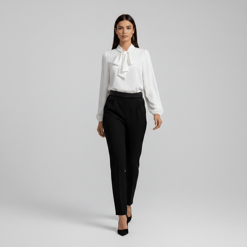 Women's Relaxed-Fit Bow-Tie Neck Long-Sleeve Blouse