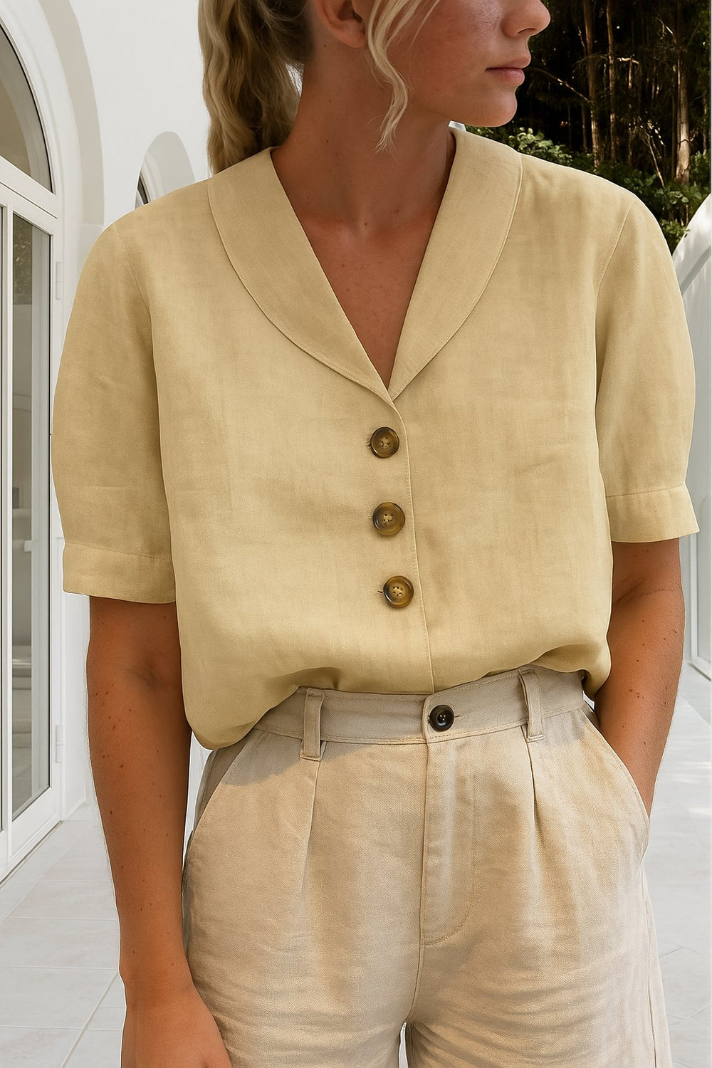 Women's Relaxed-Fit Button-Front Short-Sleeve Collared Blouse - Beige