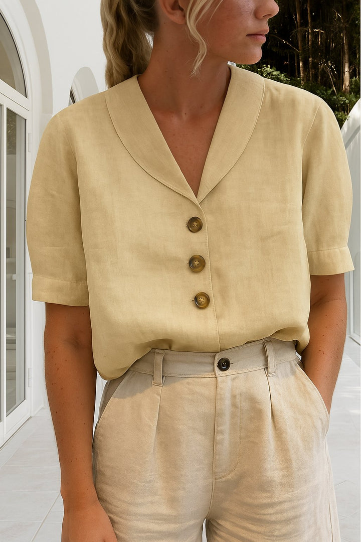 Women's Relaxed-Fit Button-Front Short-Sleeve Collared Blouse - Beige