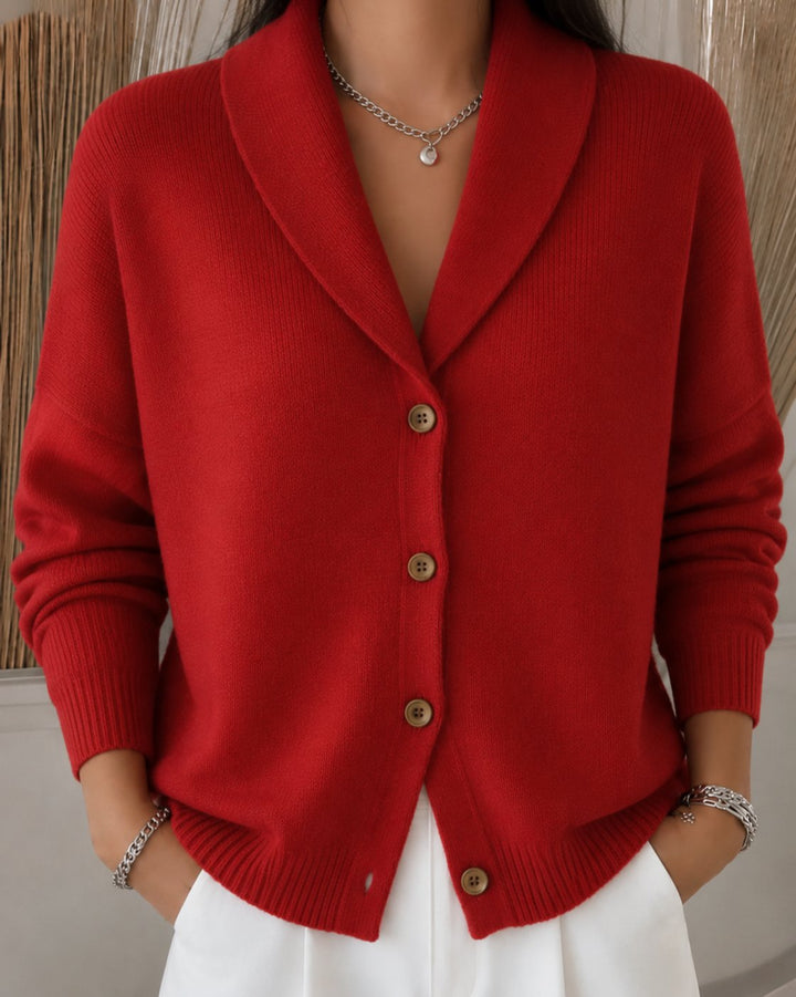 Women's Relaxed-Fit Button-Up Collared Knit Cardigan - Red
