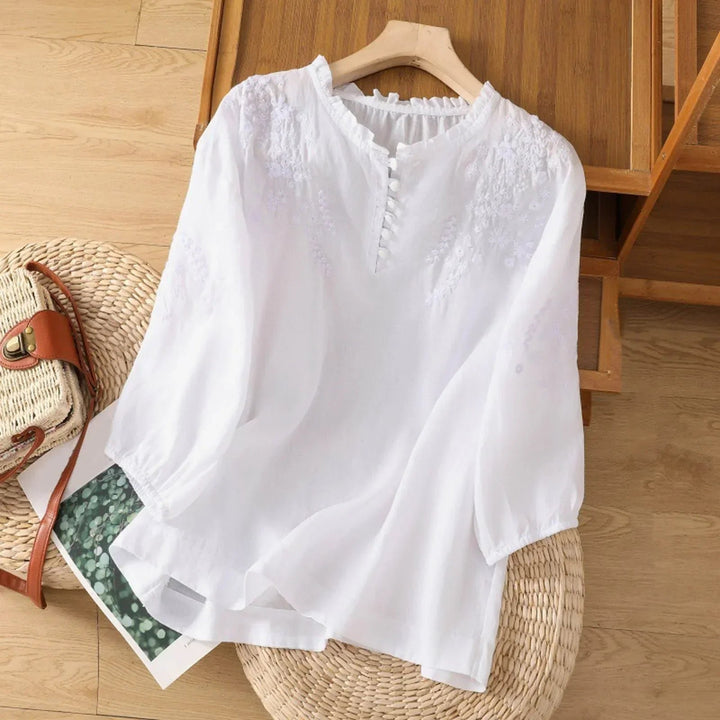 Women's Relaxed-Fit Floral Embroidered Ruffle-Neck Puff-Sleeve Blouse - White