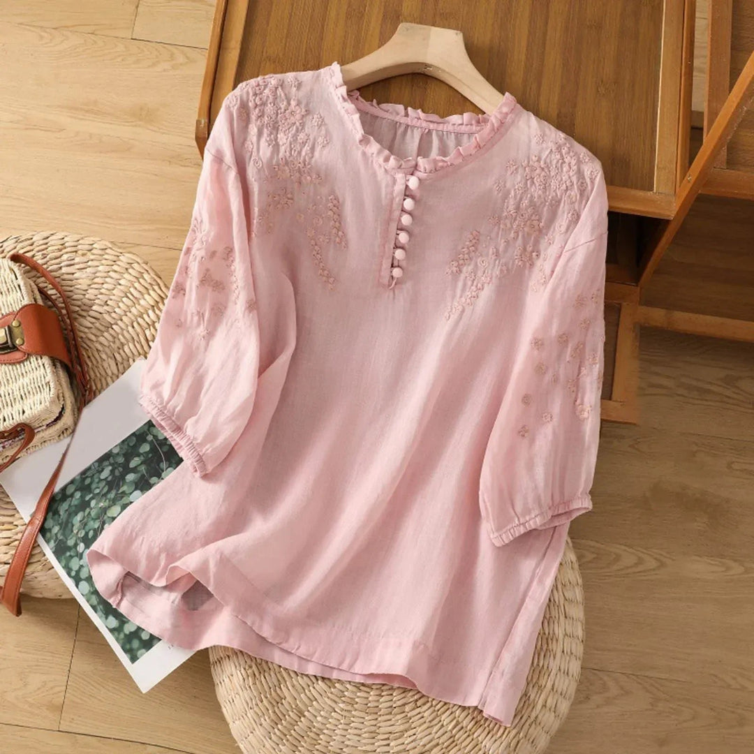 Women's Relaxed-Fit Floral Embroidered Ruffle-Neck Puff-Sleeve Blouse - Pink