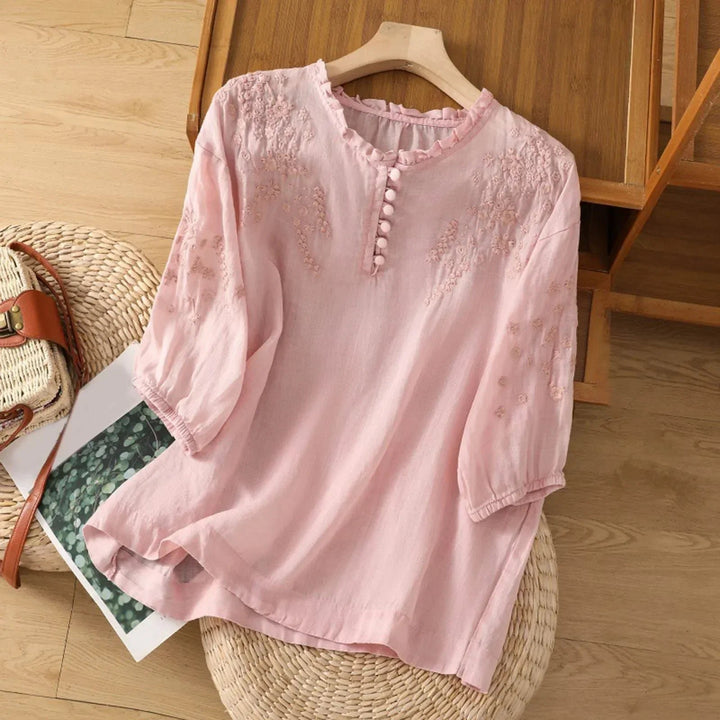 Women's Relaxed-Fit Floral Embroidered Ruffle-Neck Puff-Sleeve Blouse - Pink
