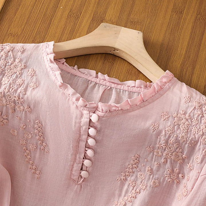 Women's Relaxed-Fit Floral Embroidered Ruffle-Neck Puff-Sleeve Blouse