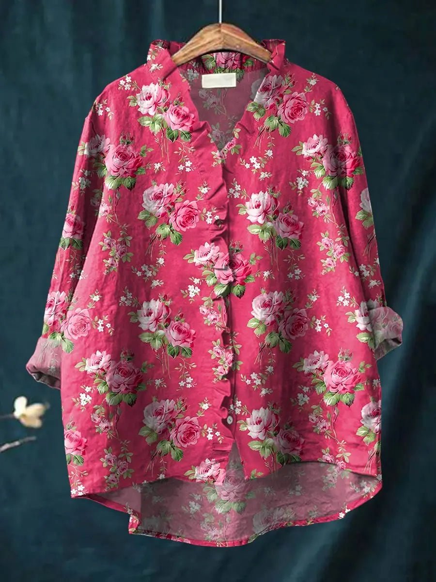 Women's Relaxed-Fit Floral Ruffle-Trim Linen Button-Down Blouse