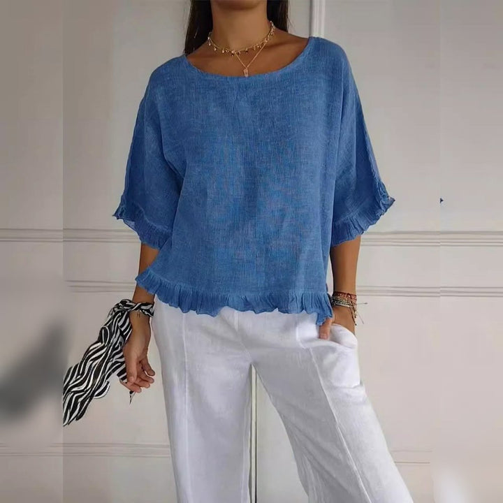 Women's Relaxed-Fit Frayed-Hem Linen-Look Short-Sleeve Blouse