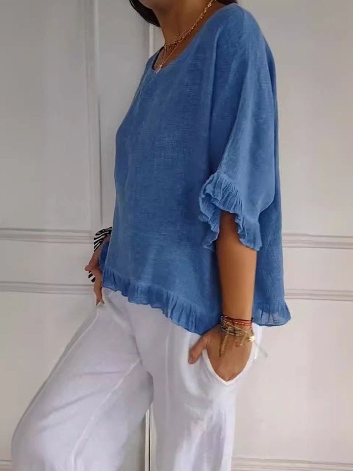 Women's Relaxed-Fit Frayed-Hem Linen-Look Short-Sleeve Blouse