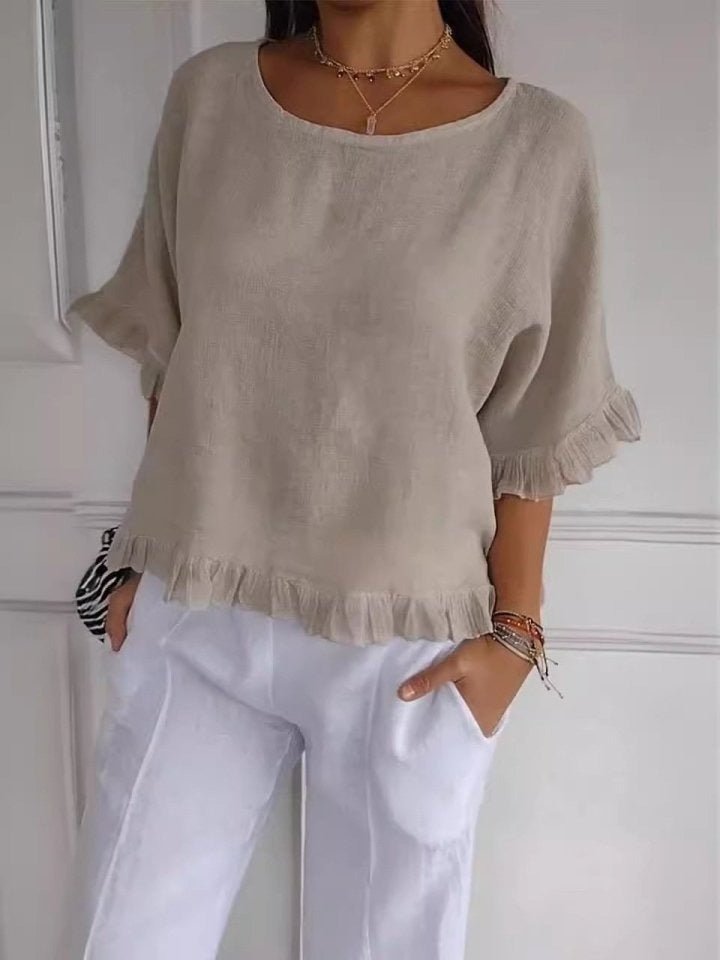 Women's Relaxed-Fit Frayed-Hem Linen-Look Short-Sleeve Blouse - Beige