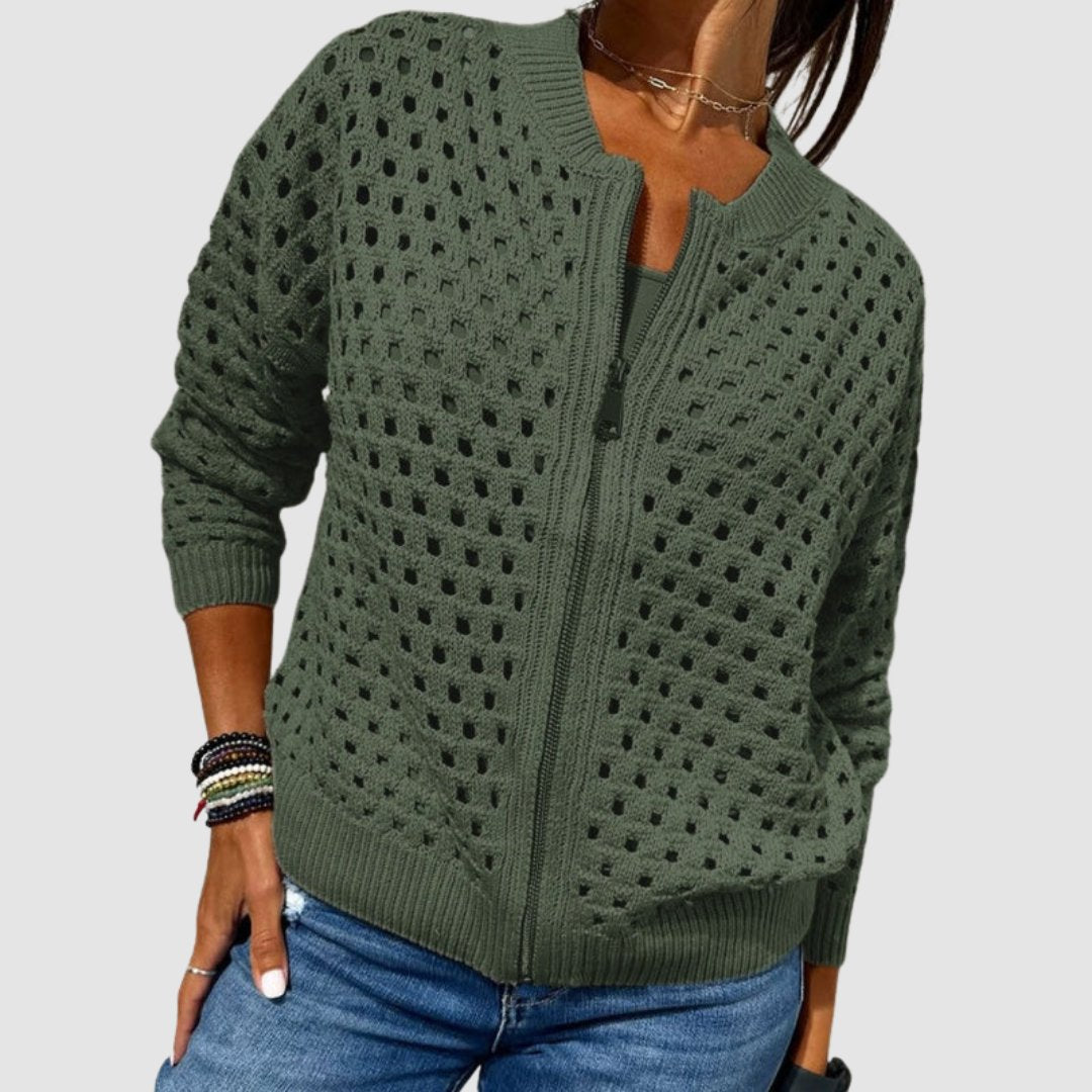 Women's Relaxed-Fit Hollow-Knit Zip-Up Cardigan - Green