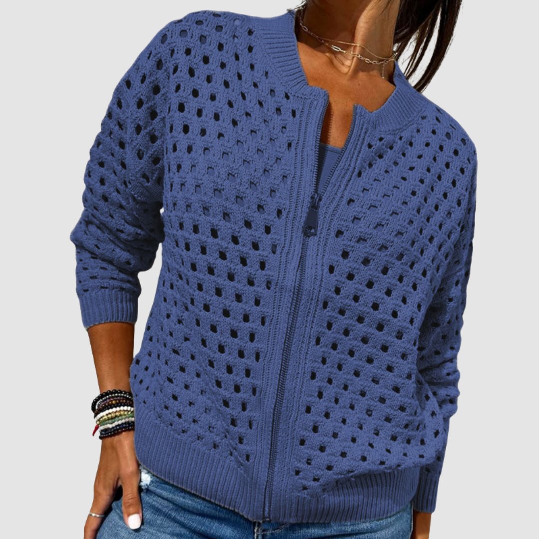 Women's Relaxed-Fit Hollow-Knit Zip-Up Cardigan - Blue