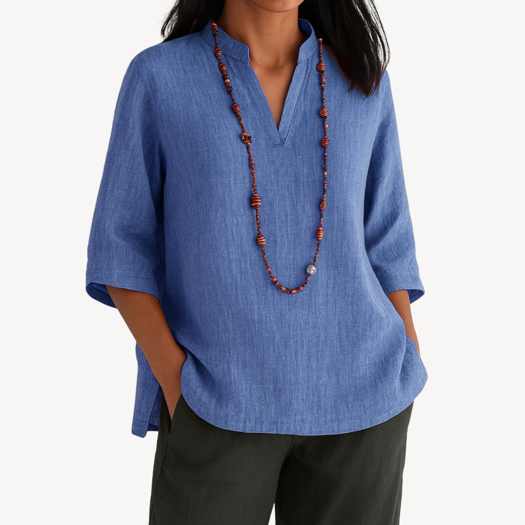 Women's Relaxed-Fit Linen 3/4 Sleeve V-Neck Tunic Blouse - Blue