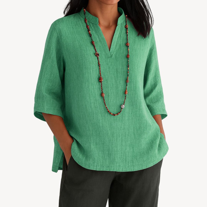 Women's Relaxed-Fit Linen 3/4 Sleeve V-Neck Tunic Blouse - Green