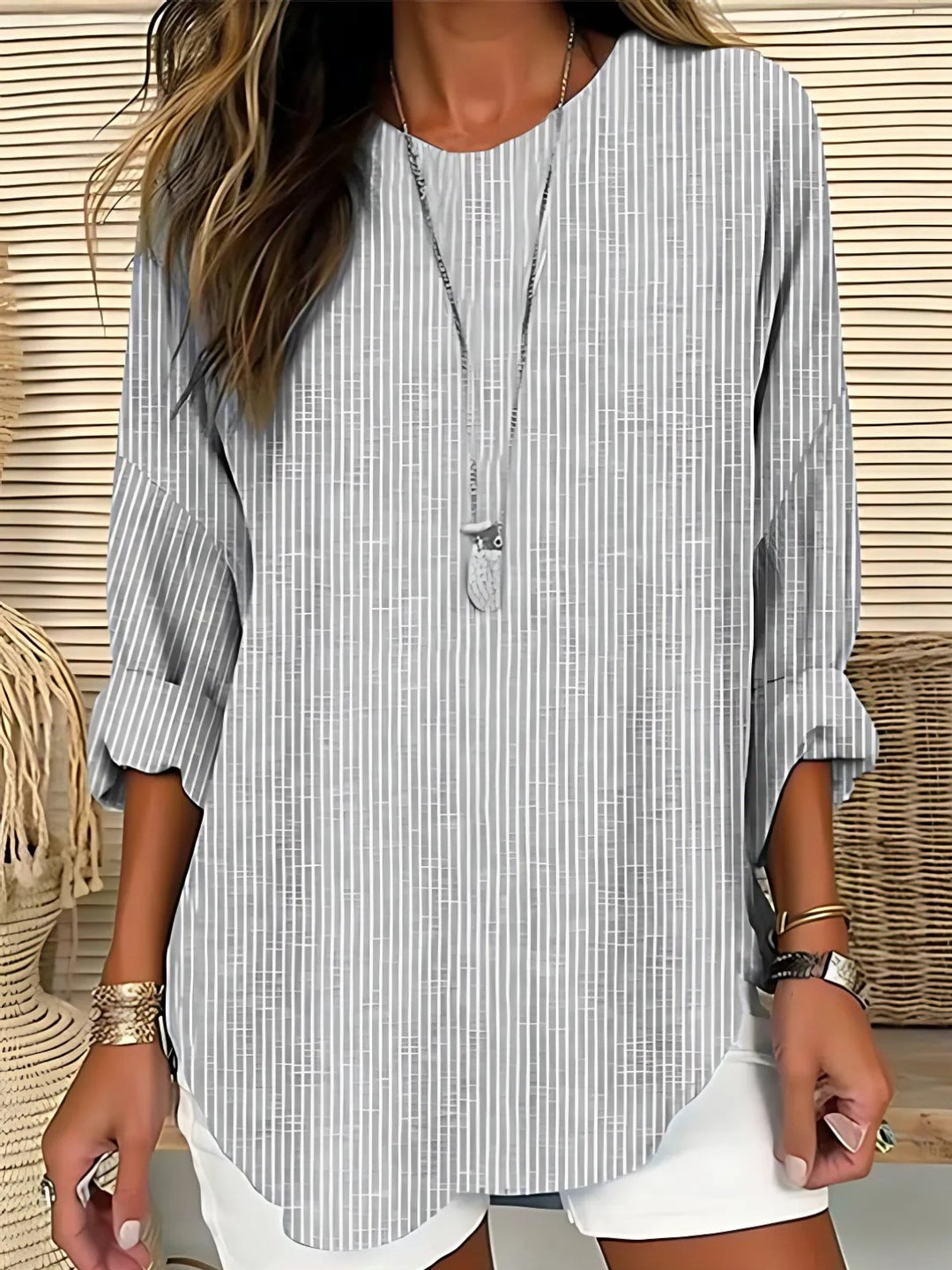 Women's Relaxed-Fit Long-Sleeve Striped Crew Neck Blouse - Grey