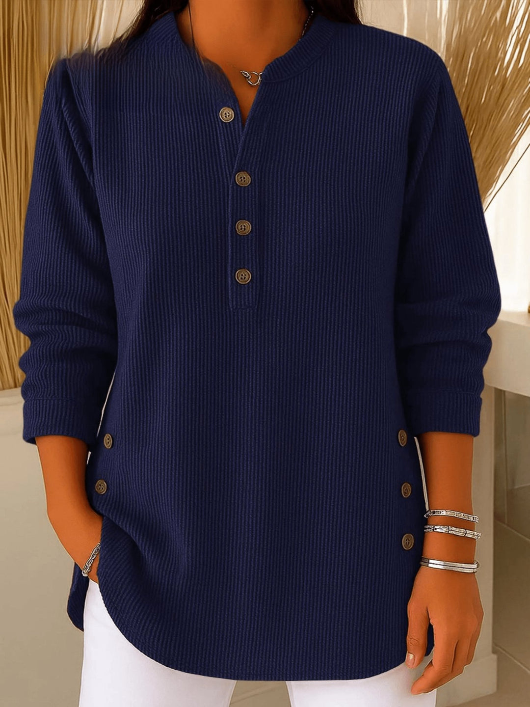 Women's Relaxed-Fit Longline Henley Ribbed Tunic Top - Navy Blue