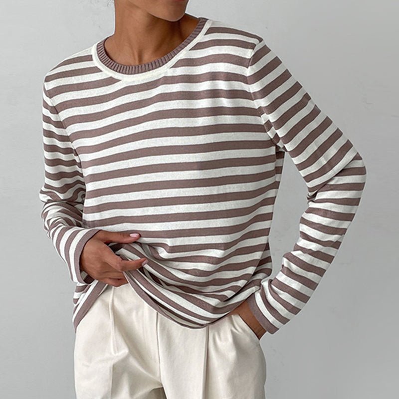 Women's Relaxed-Fit Nautical Striped Long Sleeve Sweater - Brown
