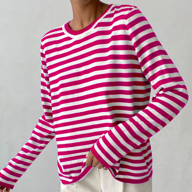 Women's Relaxed-Fit Nautical Striped Long Sleeve Sweater - Pink