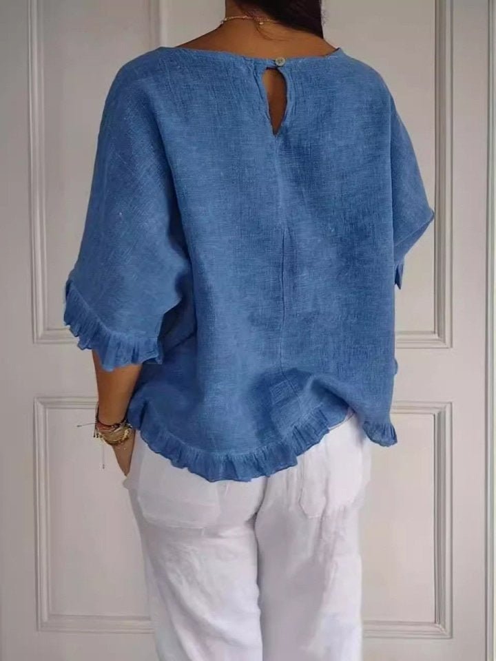 Women's Relaxed-Fit Ruffle-Hem Linen Blouse