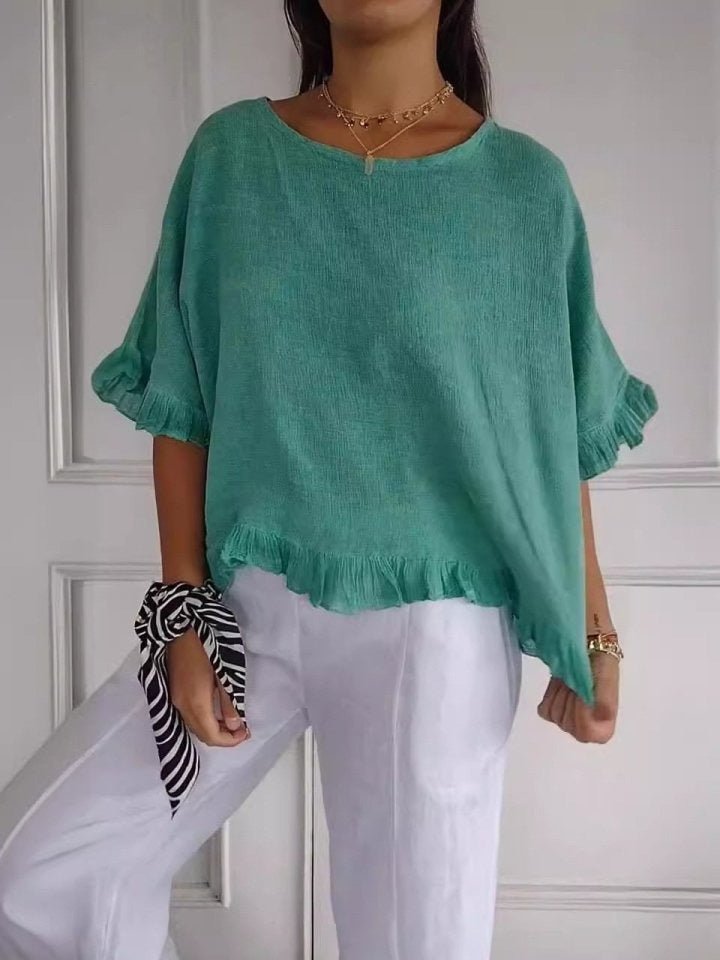 Women's Relaxed-Fit Ruffle-Hem Linen Blouse - Green