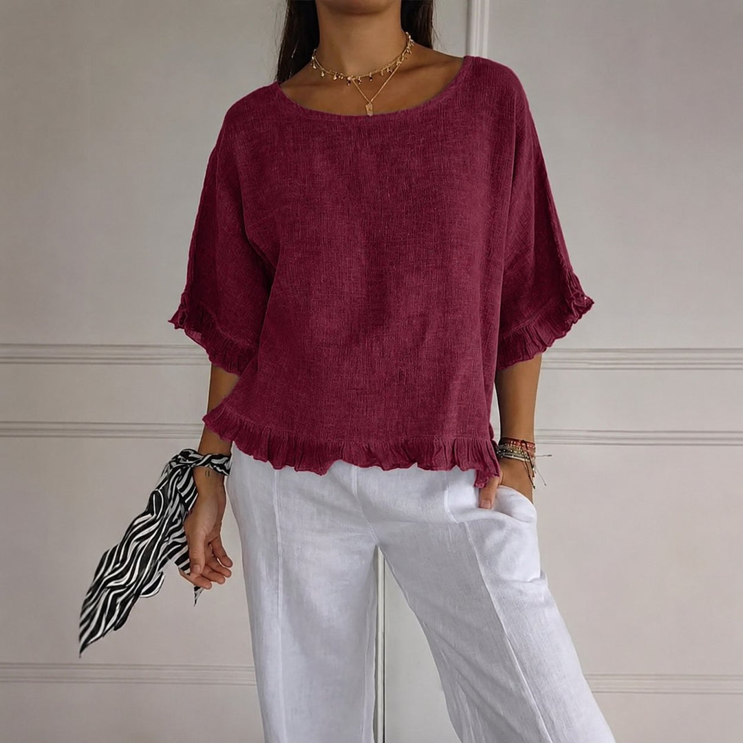 Women's Relaxed-Fit Ruffle-Hem Linen Blouse - Red