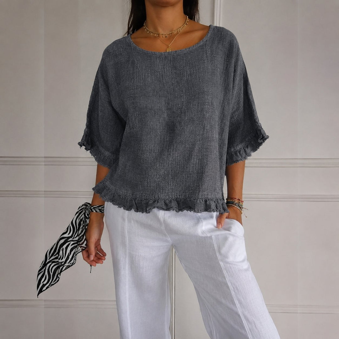 Women's Relaxed-Fit Ruffle-Hem Linen Blouse - Grey
