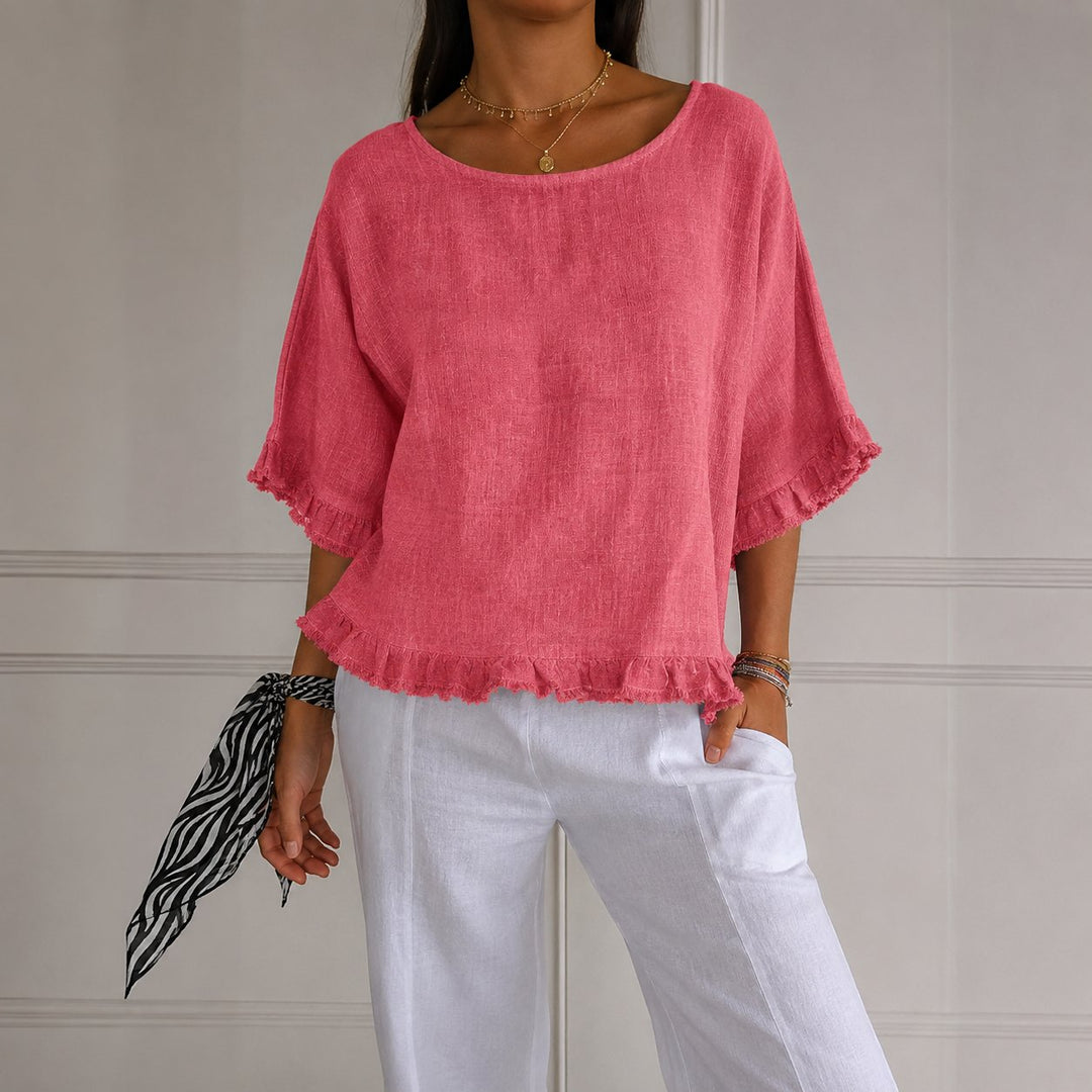 Women's Relaxed-Fit Ruffle-Hem Linen Blouse - Pink