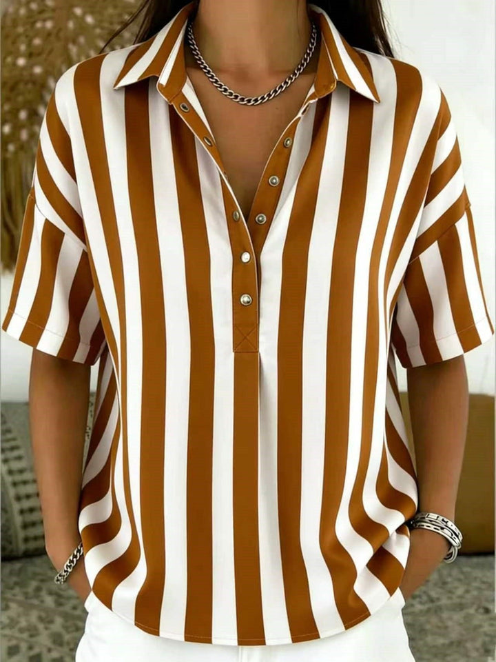 Women's Relaxed-Fit Striped Collared Half-Button Blouse - Brown