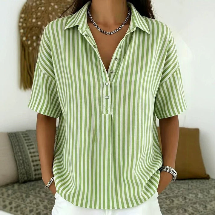Women's Relaxed-Fit Striped Collared Half-Button Blouse - Dark Green