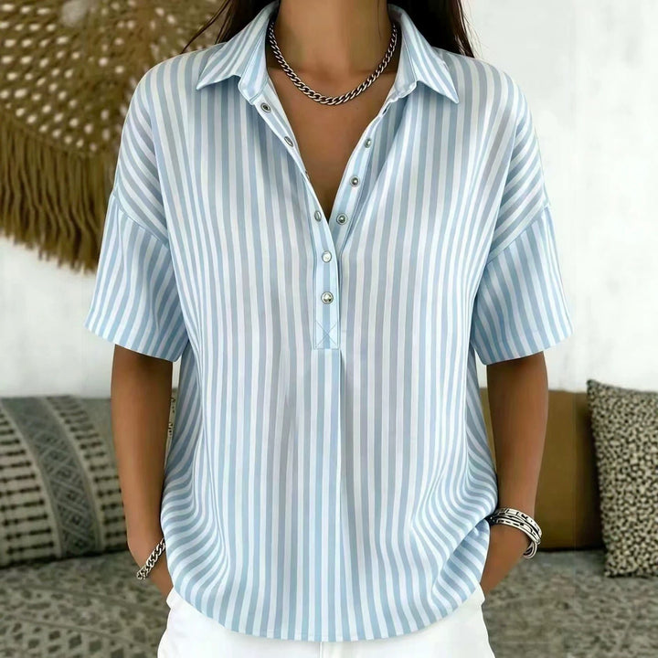 Women's Relaxed-Fit Striped Collared Half-Button Blouse - Blue