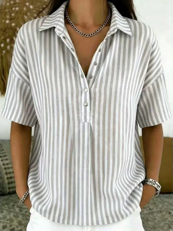 Women's Relaxed-Fit Striped Collared Half-Button Blouse - Grey