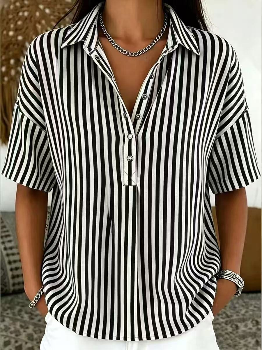Women's Relaxed-Fit Striped Collared Half-Button Blouse - Black