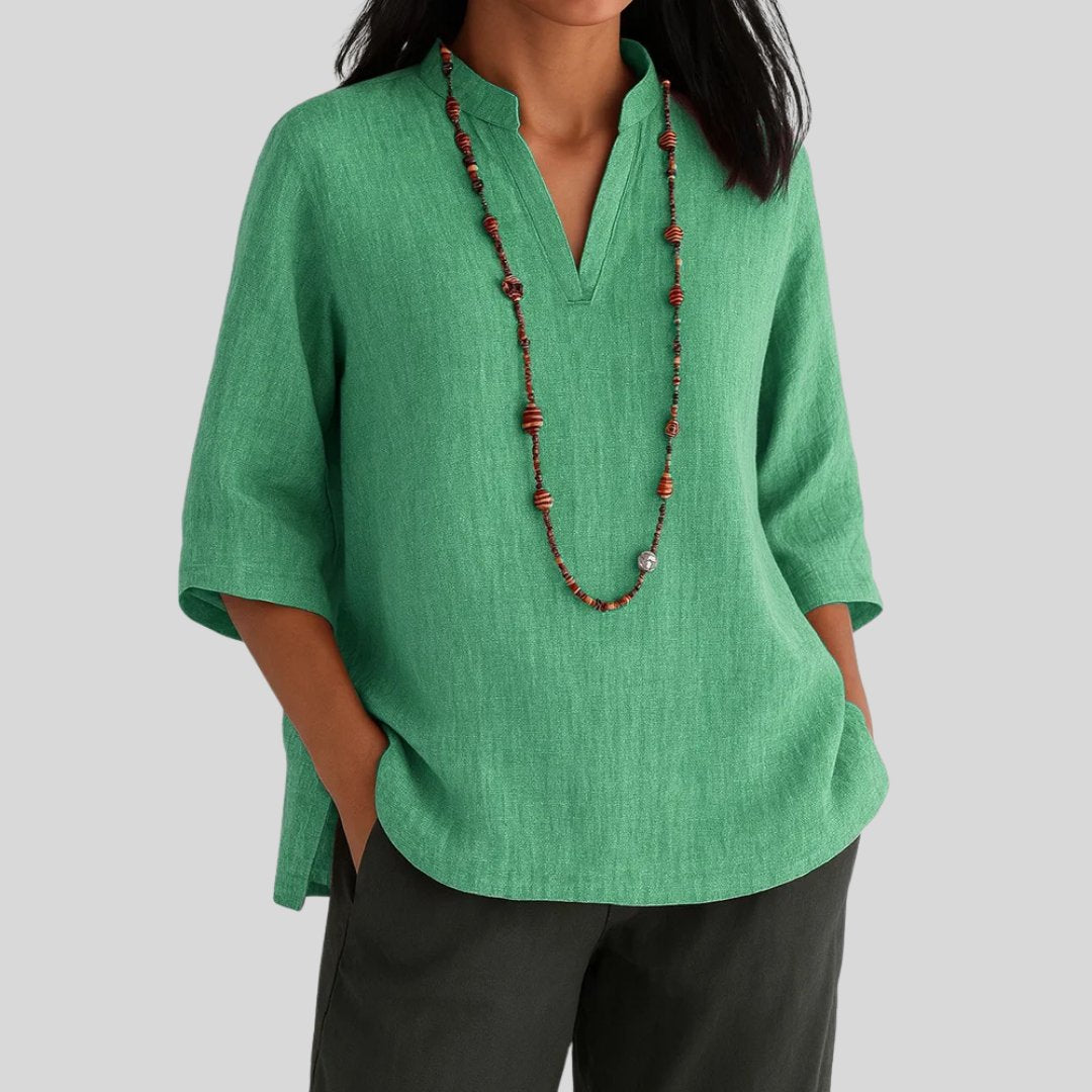 Women's Relaxed-Fit V-Neck 3/4 Sleeve Linen Tunic - Green