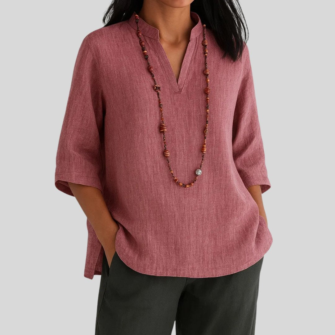 Women's Relaxed-Fit V-Neck 3/4 Sleeve Linen Tunic - Red