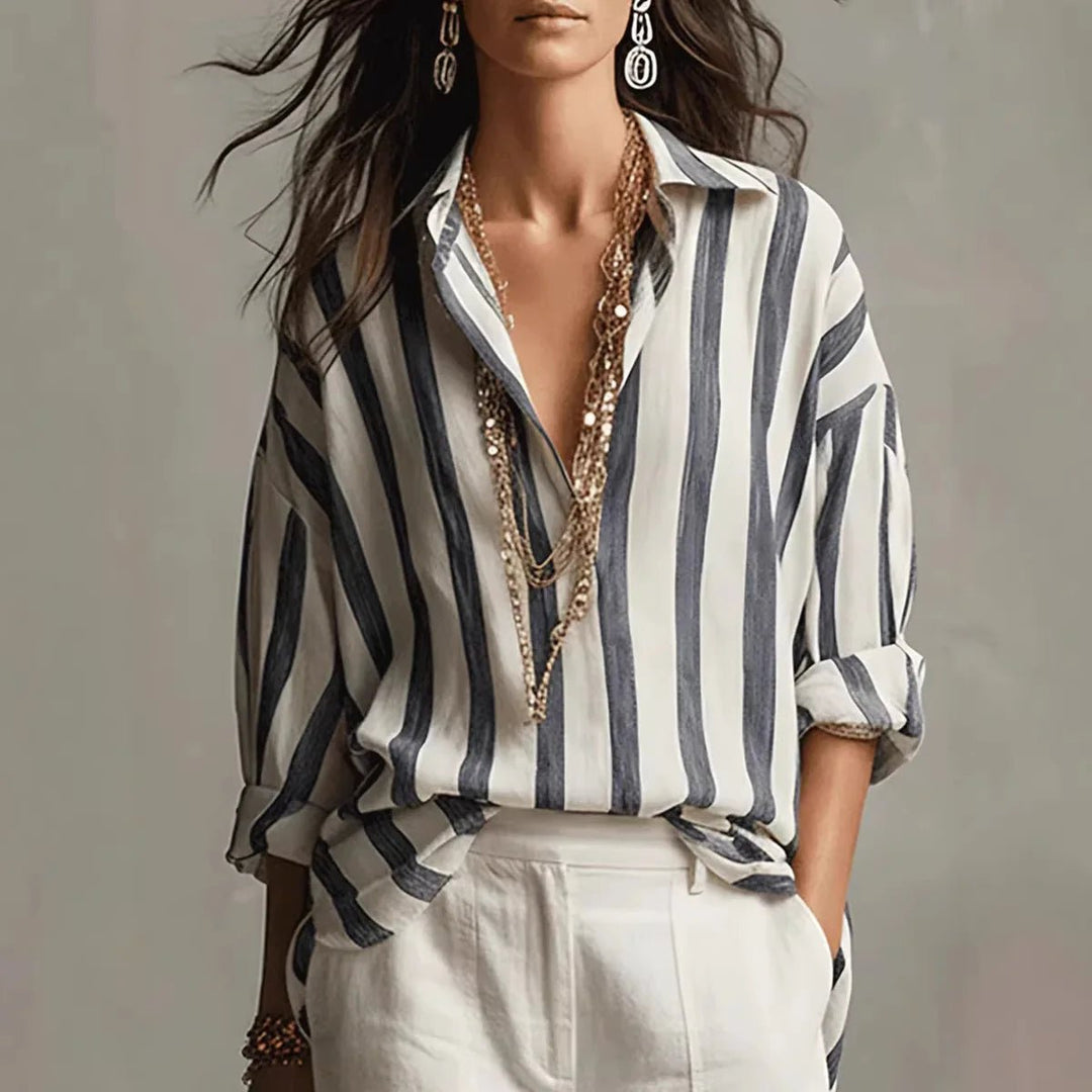 Women's Relaxed-Fit Vertical Striped Open-Collar Long Sleeve Blouse - Black