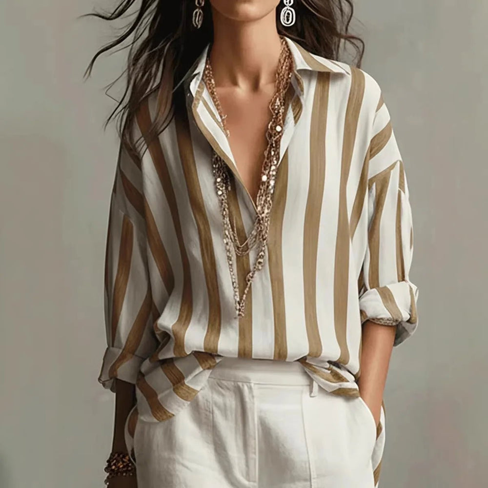 Women's Relaxed-Fit Vertical Striped Open-Collar Long Sleeve Blouse - Brown