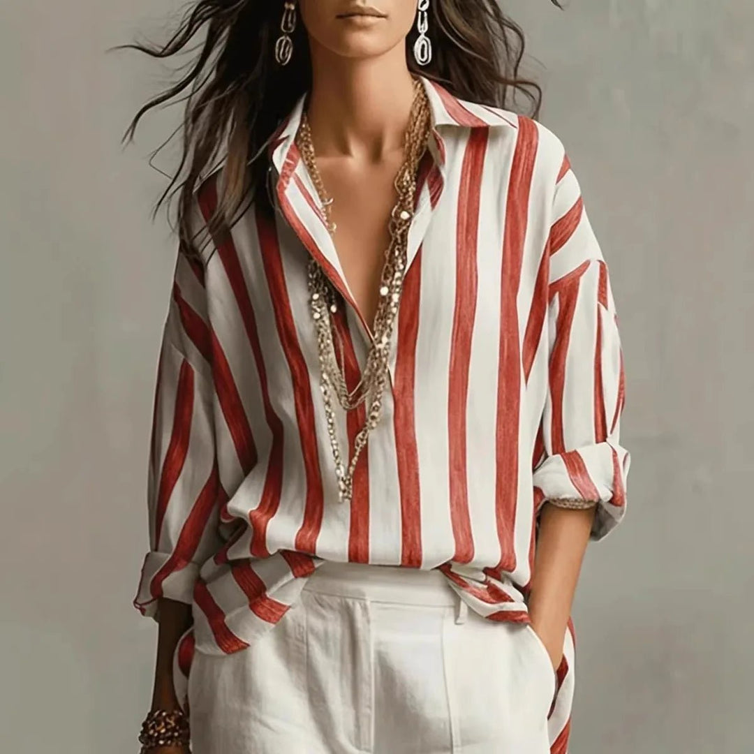 Women's Relaxed-Fit Vertical Striped Open-Collar Long Sleeve Blouse - Red