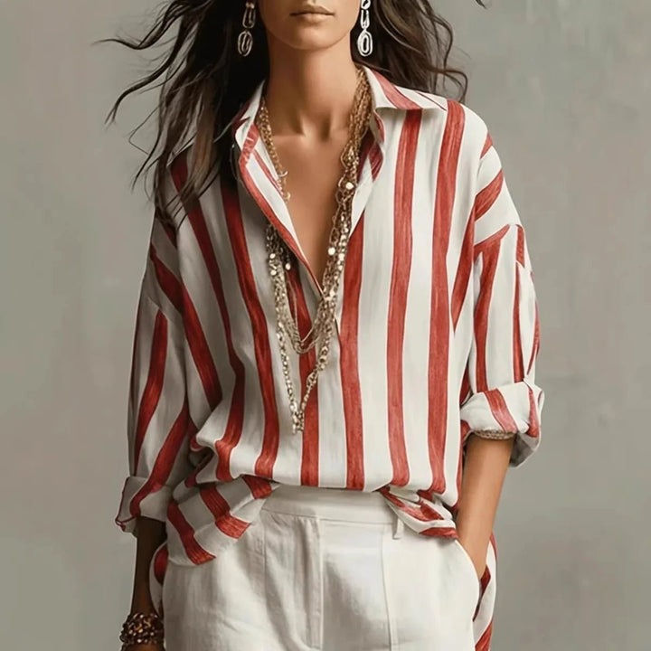 Women's Relaxed-Fit Vertical Striped Open-Collar Long Sleeve Blouse - Red