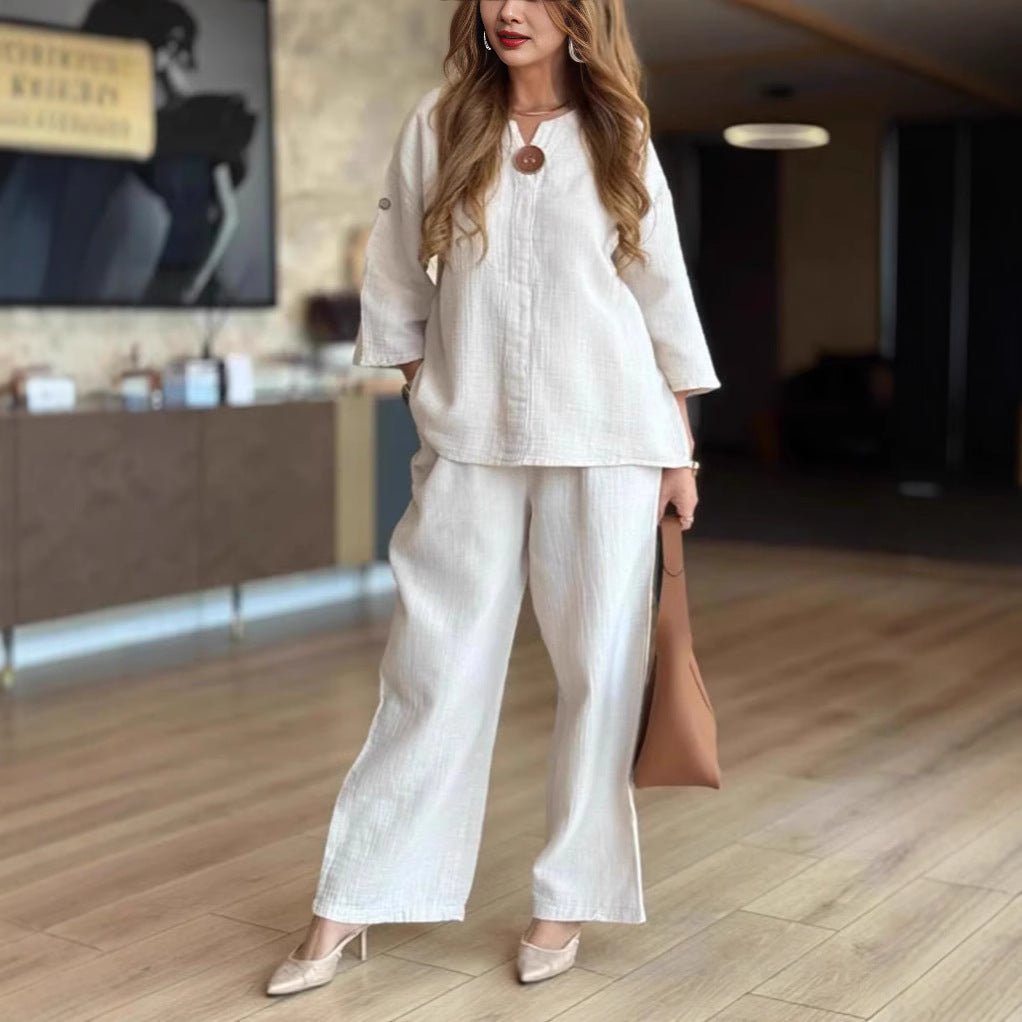 Women's Relaxed Linen-Look 3/4 Sleeve Tunic Wide-Leg Pants Set