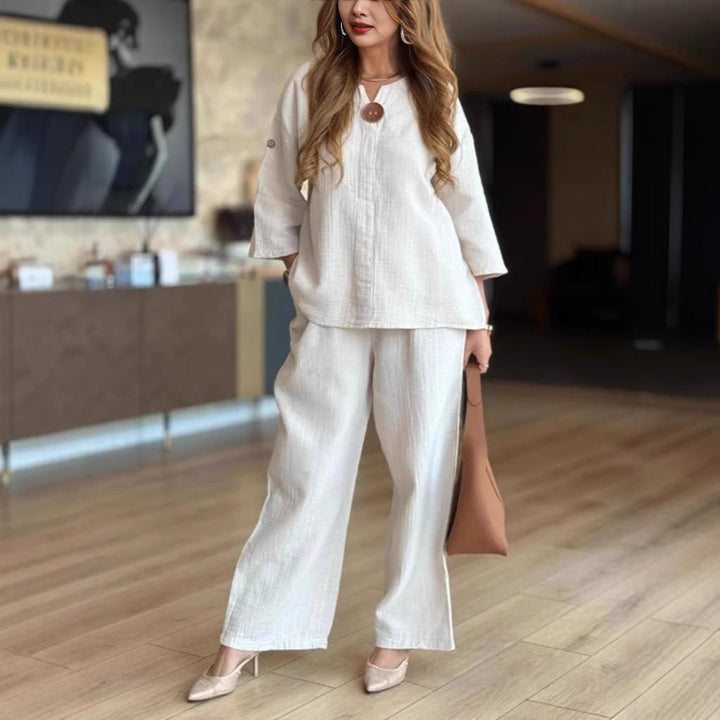 Women's Relaxed Linen-Look 3/4 Sleeve Tunic Wide-Leg Pants Set