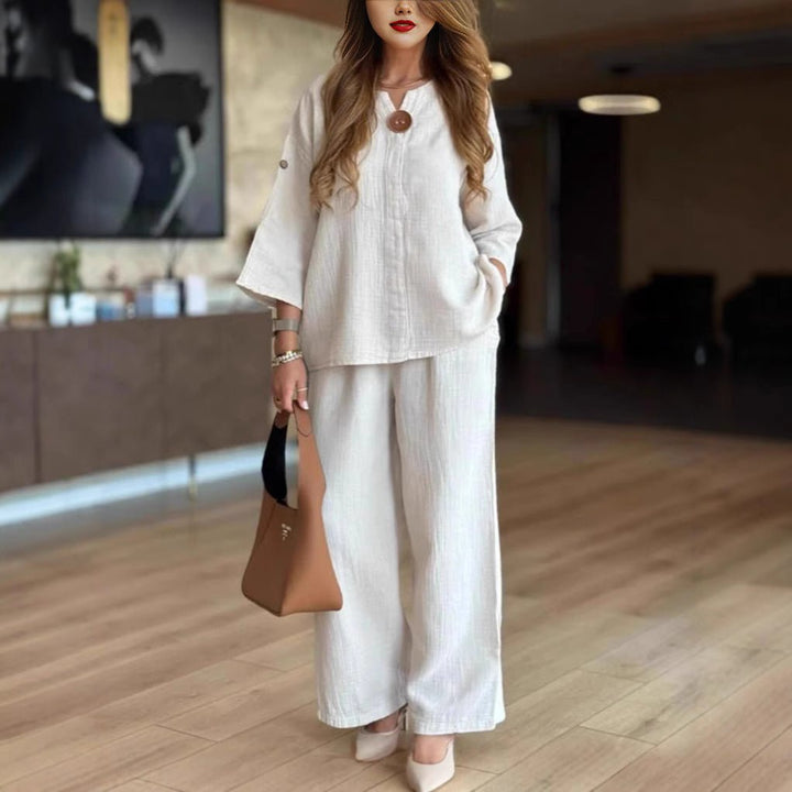 Women's Relaxed Linen-Look 3/4 Sleeve Tunic Wide-Leg Pants Set